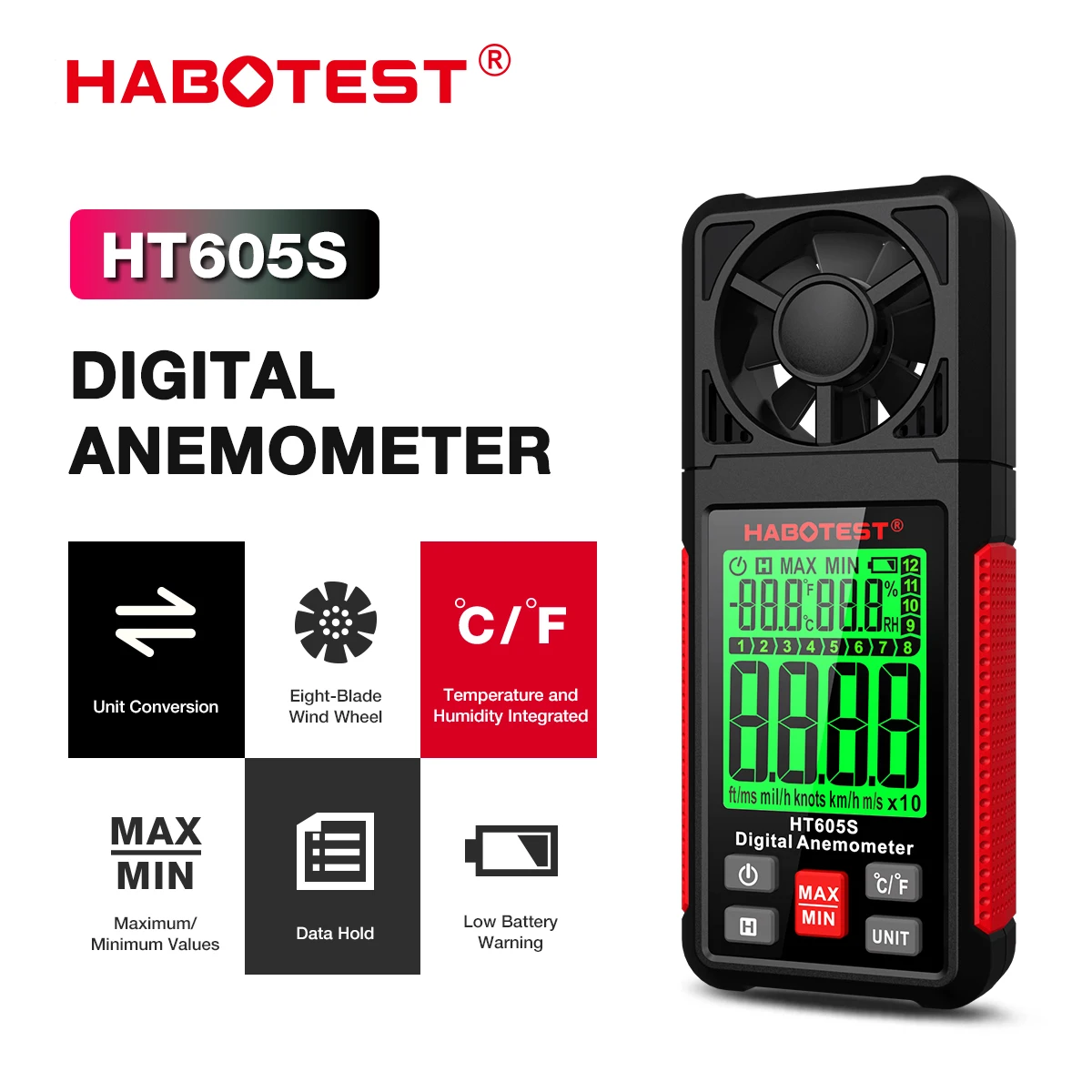 Digital Anemometer HABOTEST HT605S Handheld Portable Wind Speed Air Velocity Gauge LCD Temperature Humidity