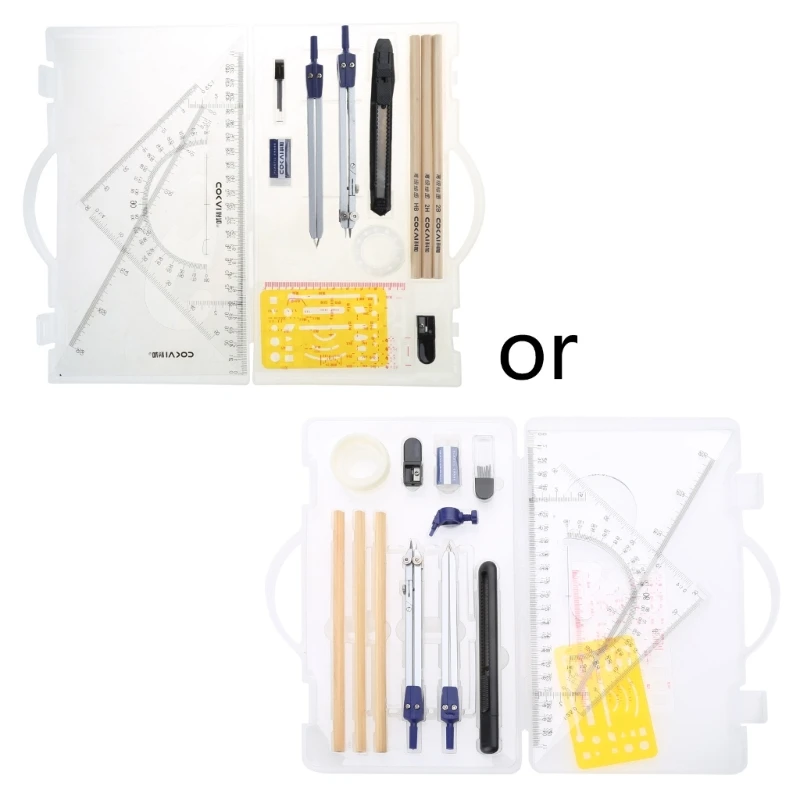 18Pcs 기하학 세트 드로잉 템플릿 나침반, 비산 방지 보관 상자 그리기 도구, 제도 세트가있는 각도기 세트