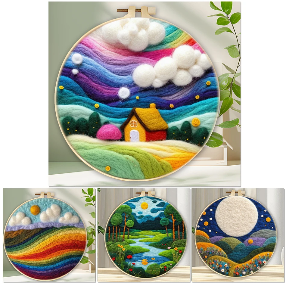 GATYZTORY Scenery Painting DIY Wool Embroidery Kit Needle Felting starter Tools Mom Friends Kids wool felting kit needle felt kit