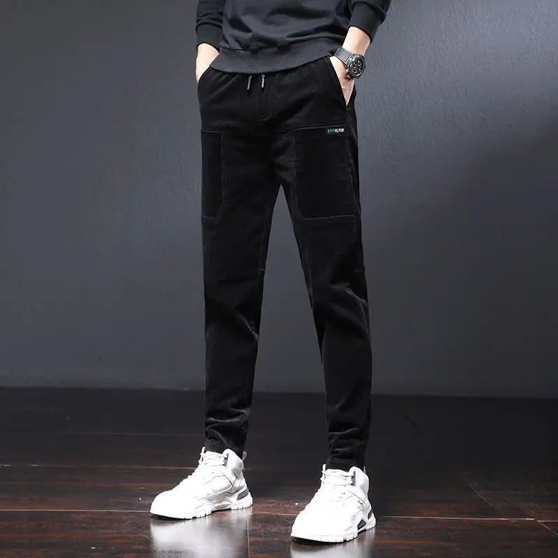 KPOP Fashion Style Harajuku Slim Fit Trousers Loose All Match Casual Pants Plush Pockets Patchwork Corduroy Straight Leg Pants