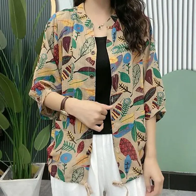 Casual 3/4 Sleeve Floral Printed Blouse Spring Summer Loose Stand Collar Vintage Drawstring Female Single-breasted Pockets Shirt