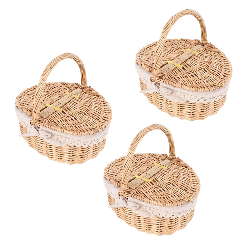 

3X Handmade Wicker Basket With Handle Picnic Basket With Double Lids Storage Hamper Basket With Cloth Lining