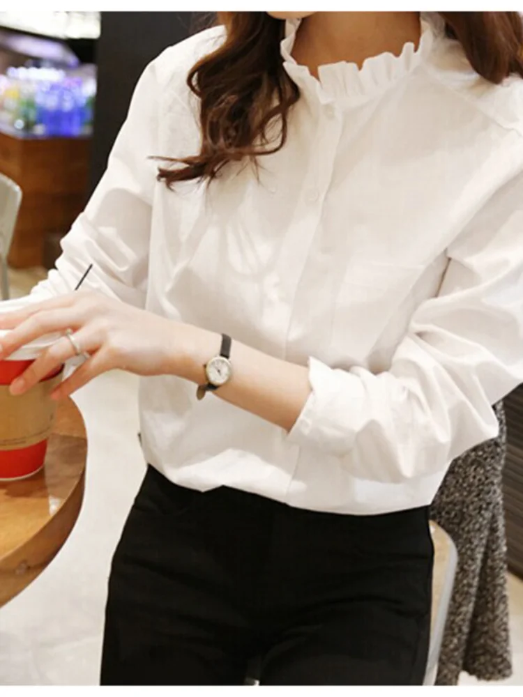 Cotton Women White Shirt Ruffled Collar 
