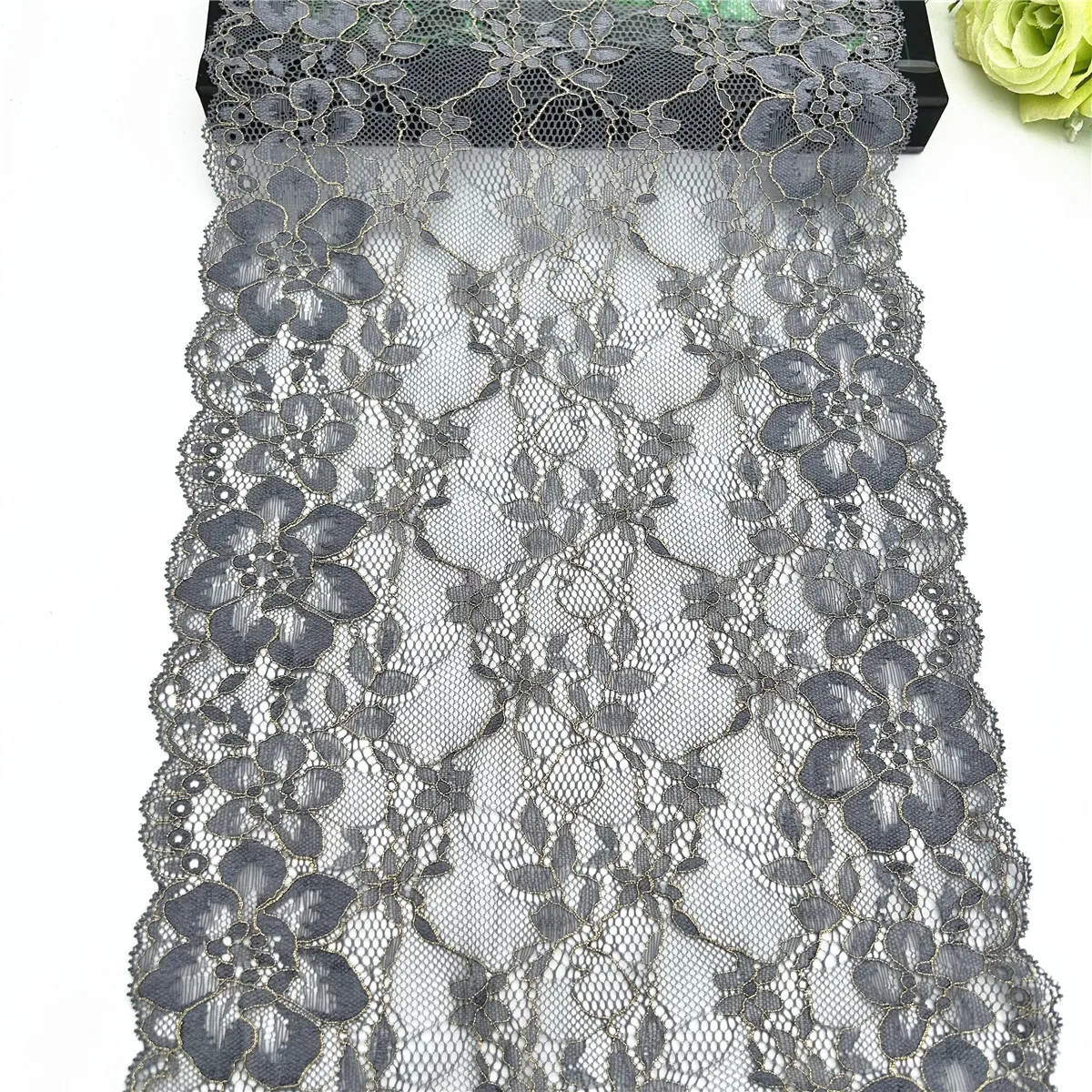3y/lot Width 24cm Dark Grey Blue With Gold Elastic Stretch Lace Trim Lingerie Sewing Craft DIY Apparel Fabric Lace Garment Acce 2