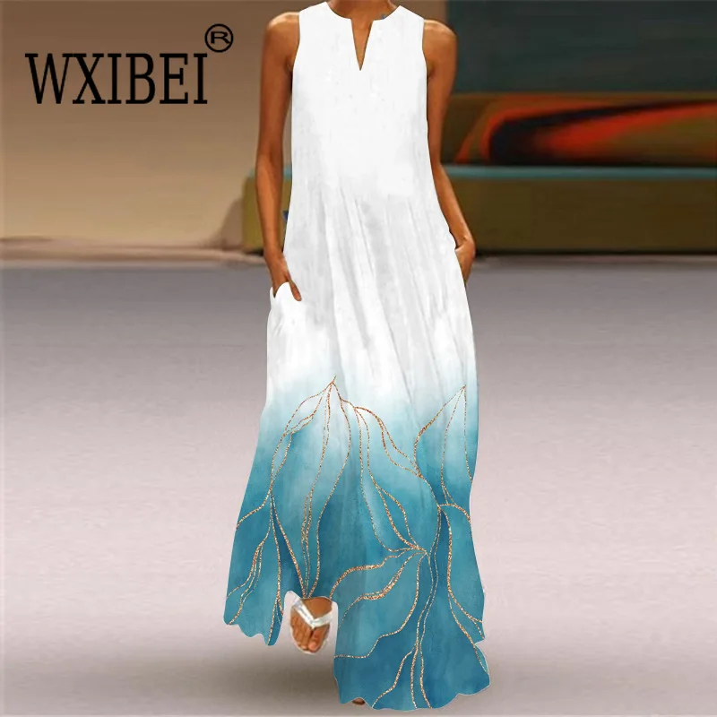 

WXIBEI Spring Summer Long Dress White Sleeveless V-neck Casual Beach Dresses Elegant Print Loose Vintage Dress For Women FC908