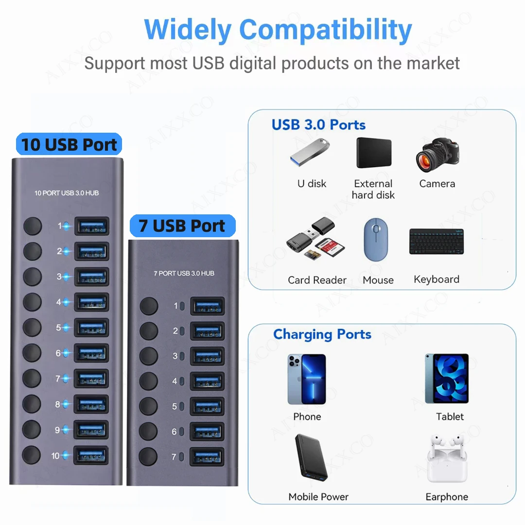 Metal Multi Hub Usb com Interruptor Multi Splitter Adaptador de Energia Expansor Múltiplo Acessórios para Notebook Portas Portas 10 Portas 2.0 - Imagem 4