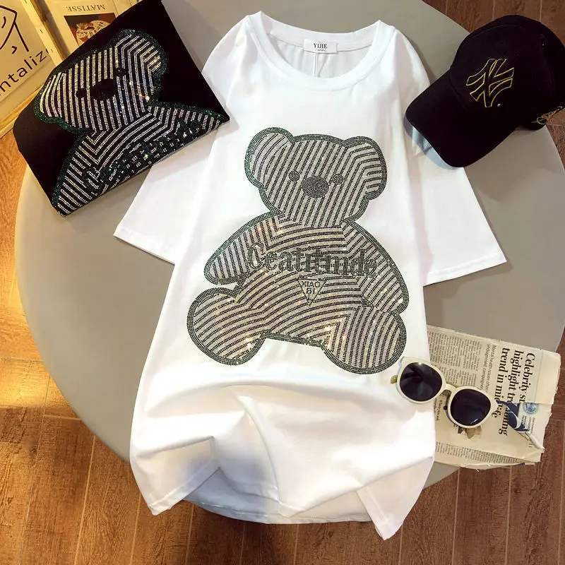 

Women's Loose Medium Length T-shirt, Diamond Teddy Bear, Oversized Women's Clothing Top, Hot, Summer, New, 2024