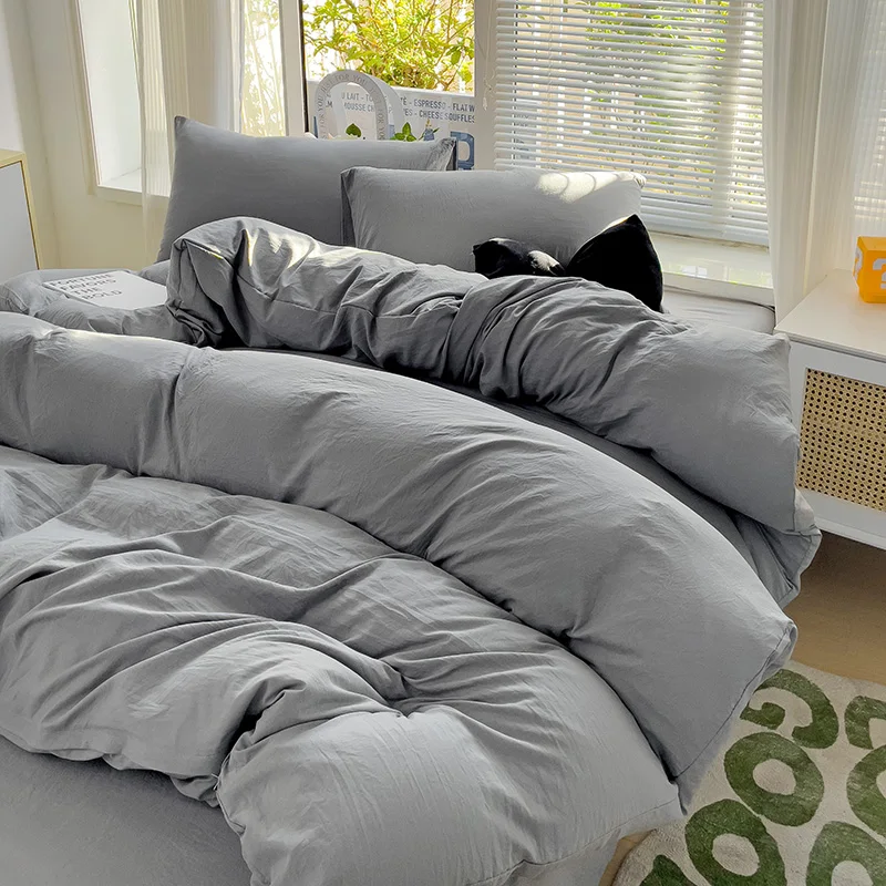 Solid Cotton Bedding Set For Boys with Sheet Duvet Cover Pillowcase Single Couple Bedsheet King Queen Double Twin Size Bed Linen 6
