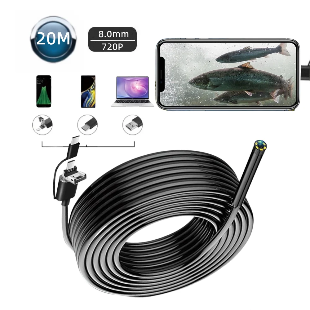 Caméra Endoscope USB 15m 8.0mm 720P pour téléphone Android OTG PC 3 en 1  Type C endoscope d'inspection de tuyau de voiture Flexible avec 6 LED -  AliExpress