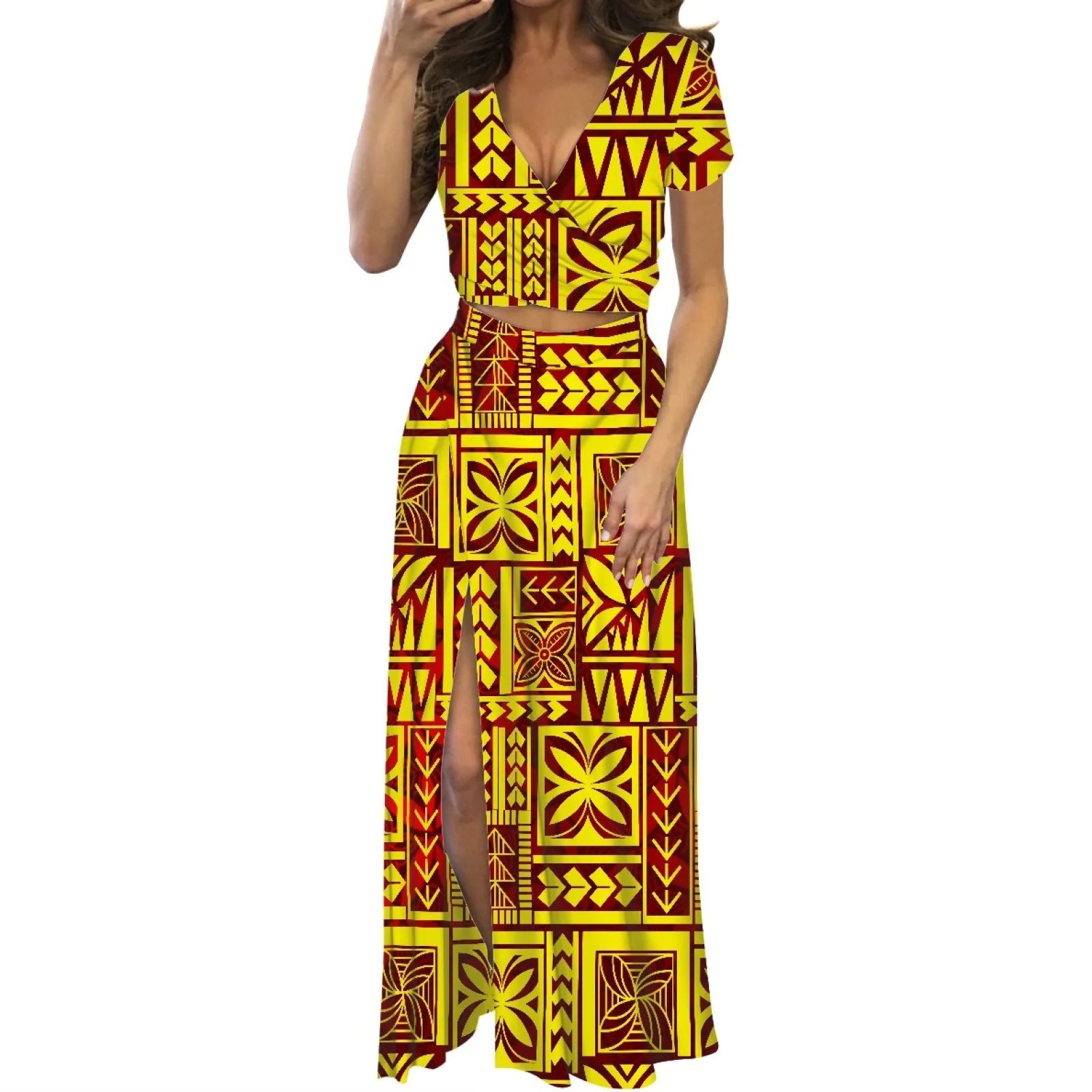 

Luxury Design Tattoos Print High Quality Two-Piece Split Dress Sexy Short Sleeve Maxi Dress Summer Women's Low-Cut Maxi Dress