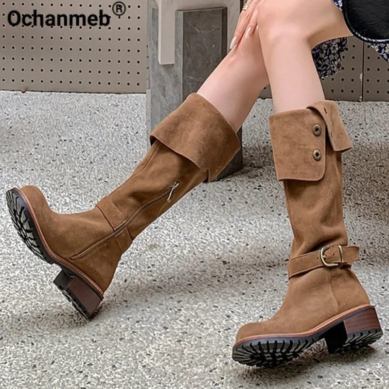 

Ochanmeb Women Cow Suede Western Zipper Knee-High Boots Autumn Winter Square Heel Belt Buckle Button Long Boots Square Toe Shoes