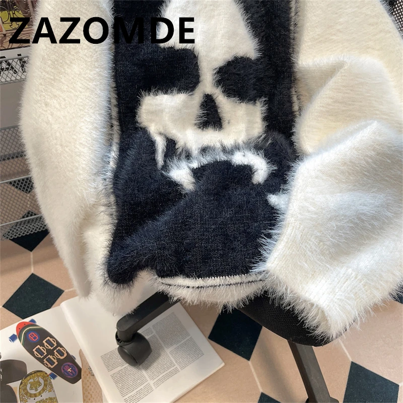 ZAZOMDE Winter Warm Sweaters Skull Head Patchwork Hip  Hop Knitwear Sweaters For Men Y2k Pullovers O Neck Woolen Jumper Clohtes