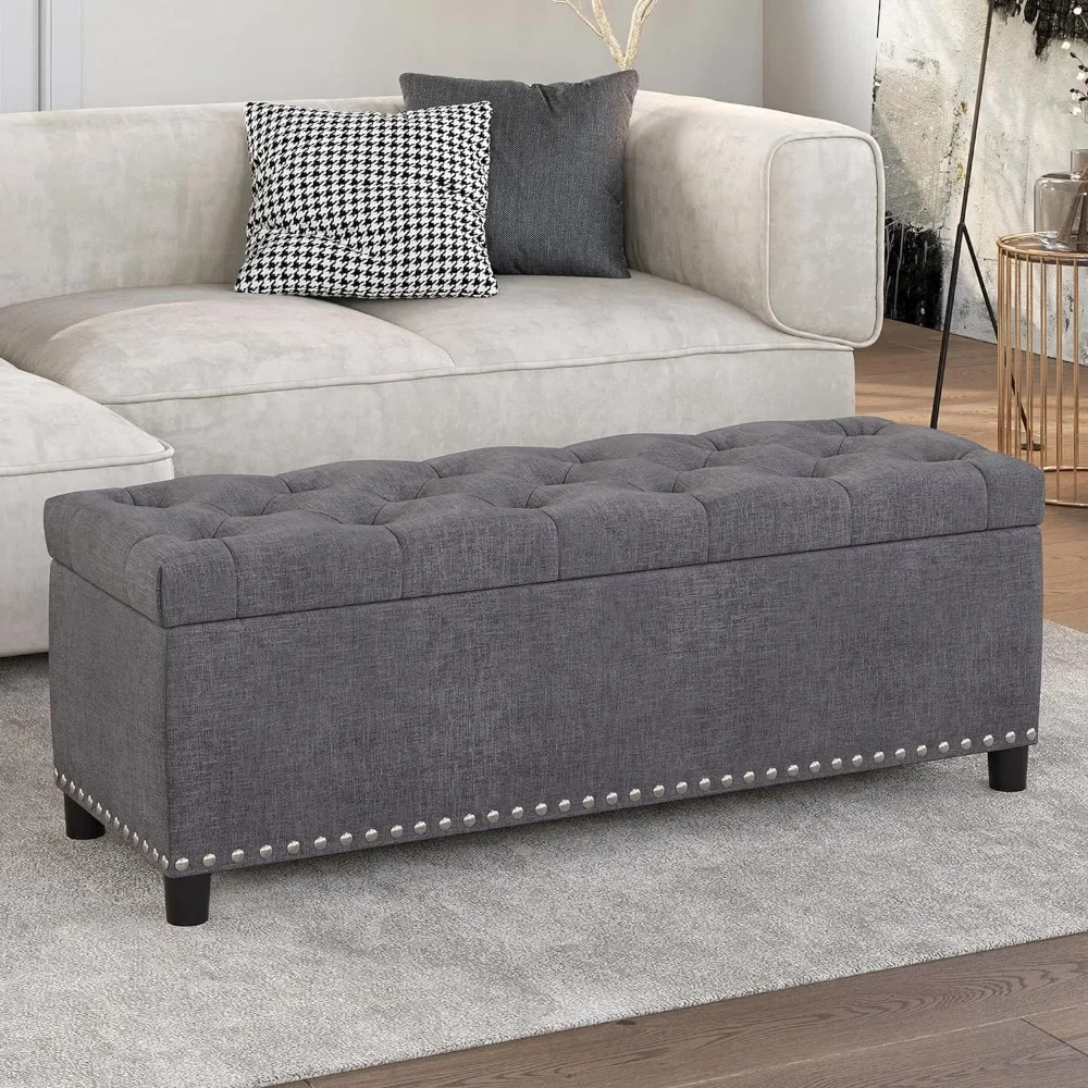 

Modern Luxury Button-Tufted Ottoman Bench Footrest Upholstered Linen Fabric Decor for Living Room, Entryway, or Bedroom