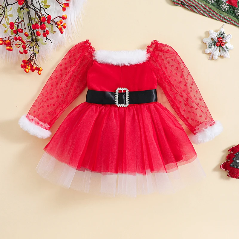 

Tregren Christmas Toddler Baby Girls Dress Kids Mesh Sheer Long Sleeve Furry Patchwork Tulle Dress with Belt for New Years Party