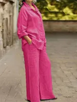 Ensemble 2 pièces en coton et lin pour femmes, chemise à manches longues, jambe large, mode féminine, bureau, printemps, automne 3