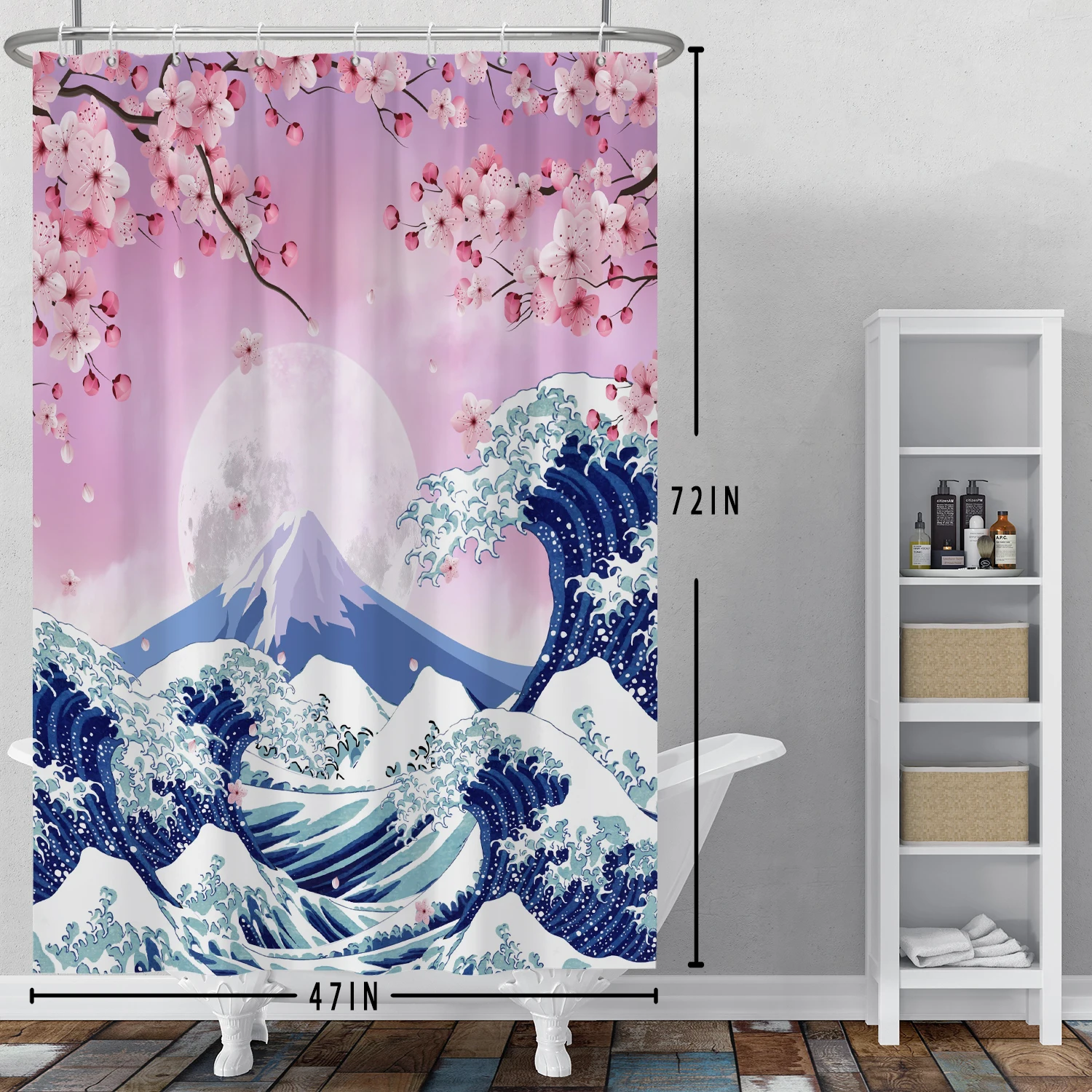 Japanese Ukiyo-e Sun Fuji Cherry Blossom Shower Curtain Hokusai Giant Waves Kanagawa Bathroom Curtains Waterproof Bathtub Screen 2