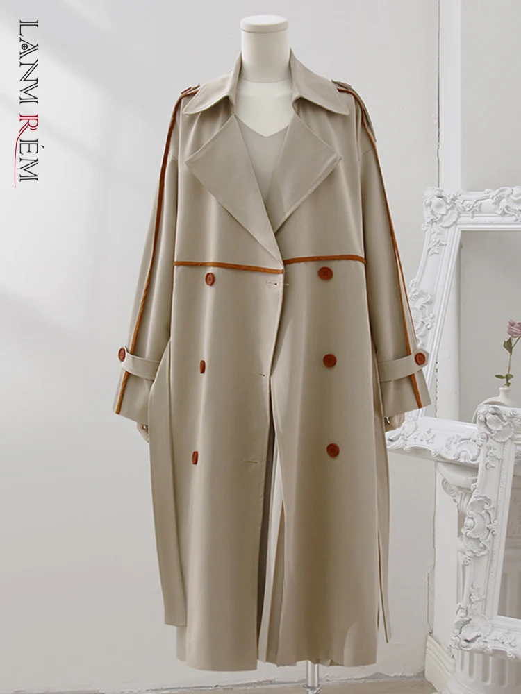 

LANMREM Patchwork Striped Trench Coat For Women Lapel Single Breasted Belt Coats Korean Designer Tide 2023 New Clothing 32D399