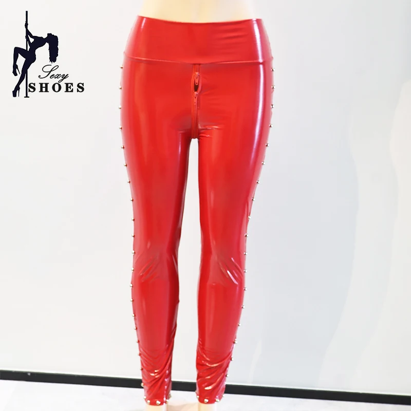 Shine Pu Leather Rivet Pants Women Red Black Tight Trousers Streetwear Fashion High Waist Pencil Pant Female Slim Bottoms