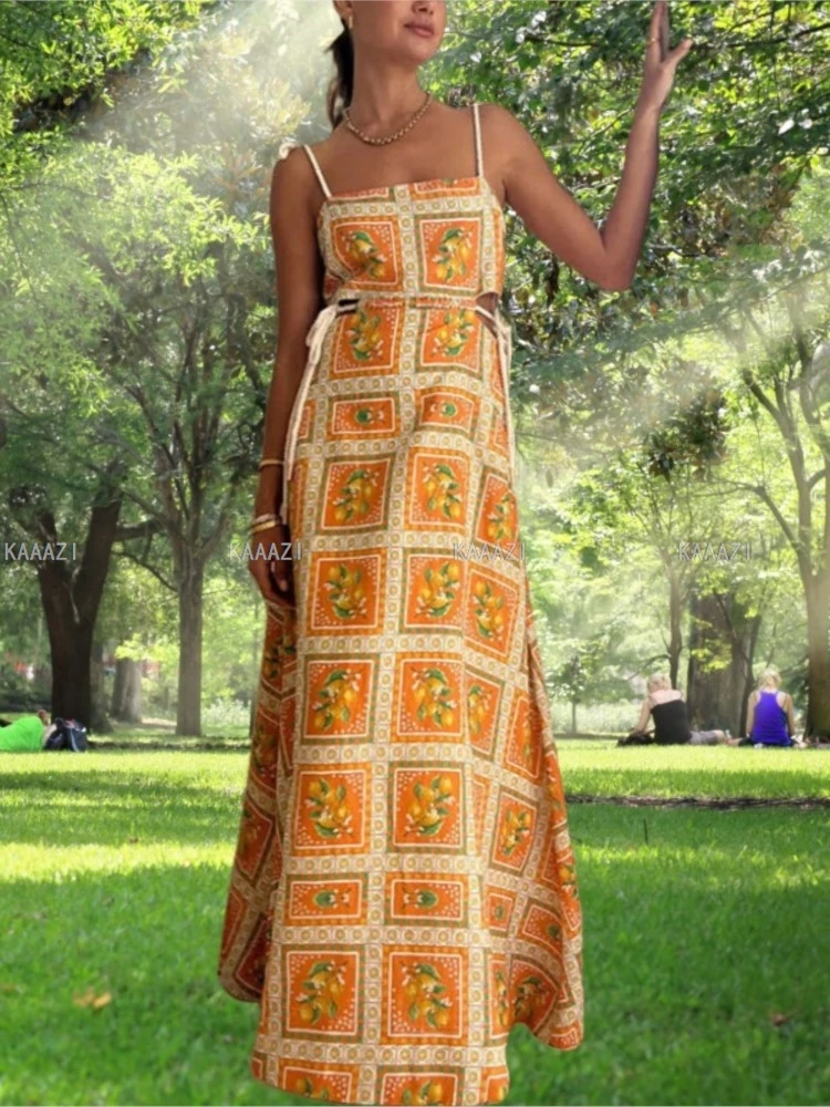 

Casual Sleeveless Maxi Dress Vintage Straps Slip Fashion Print Lace Up Long Dresses Elegant Vestido Beach Holiday Women Summer