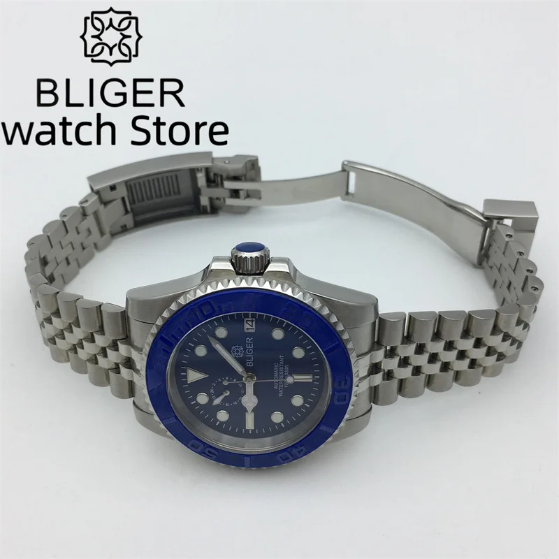 BLIGER 40mm NH37Luxury Blue Luminous Dial Men's Automatic Watch Sapphire Glass Date Ceramic bezel/Silver Jubilee/Oyster Bracelet