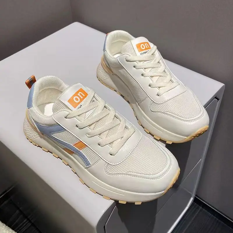 

Chunky Sneakers Women Mesh Leather Platform Shoes Mixed Colors Lace-Up Lady Trendy Trainers Thick Sole Handmade 29401