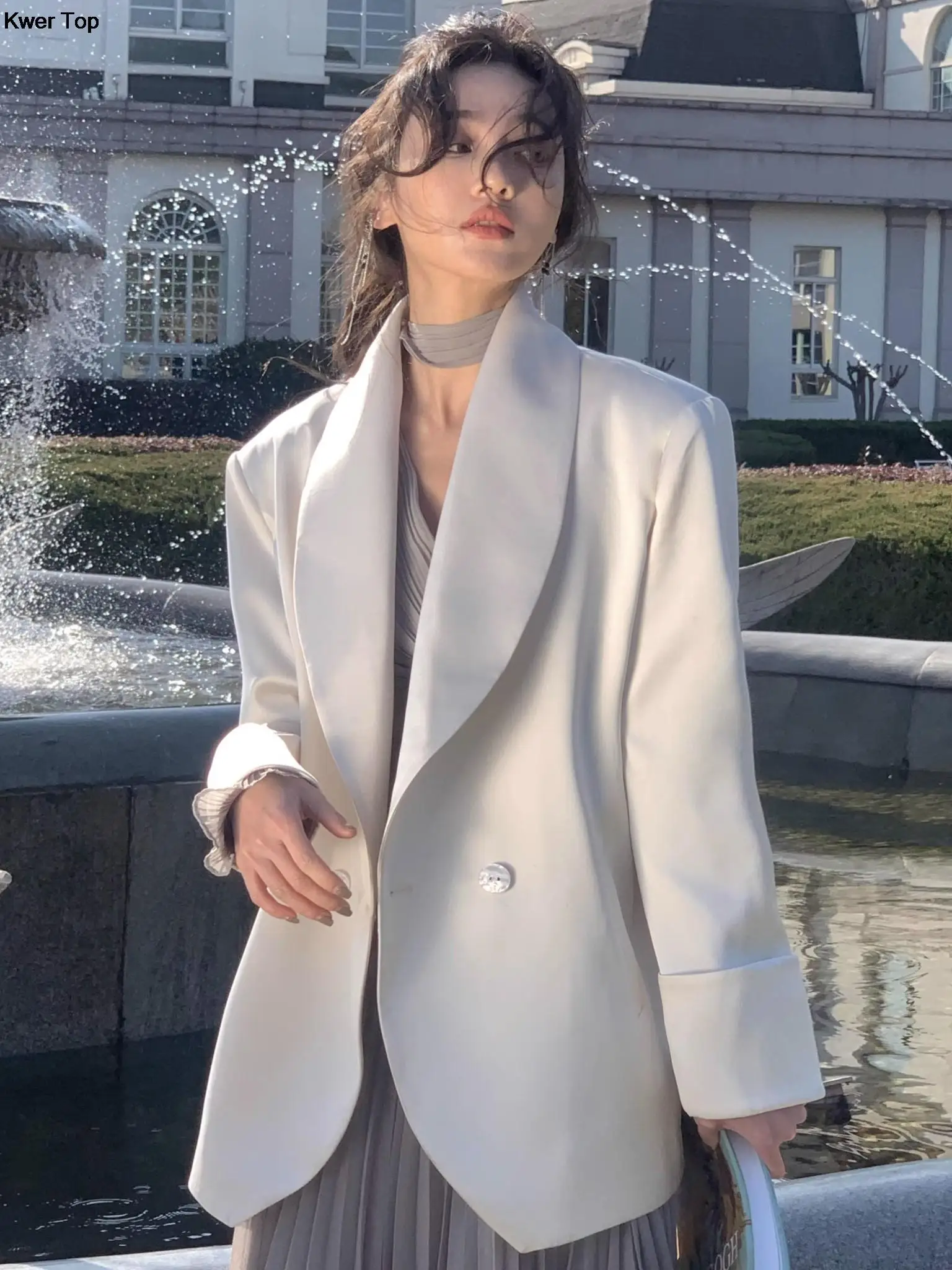 

Fashion Vintage Satin White Blazer Jacket Women's Elegant Loose Lapel Outerwear Spring Autumn Office Lady Formal Clothes