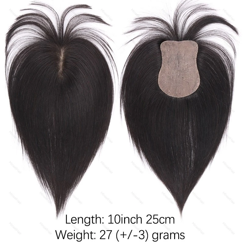No Clip Human Hair Topper L-Hook Strong Grip Velcro Base 8x11cm Skin Like Hair Toppers Realistic Hairpart 25cm Mocha Brown 1B 2