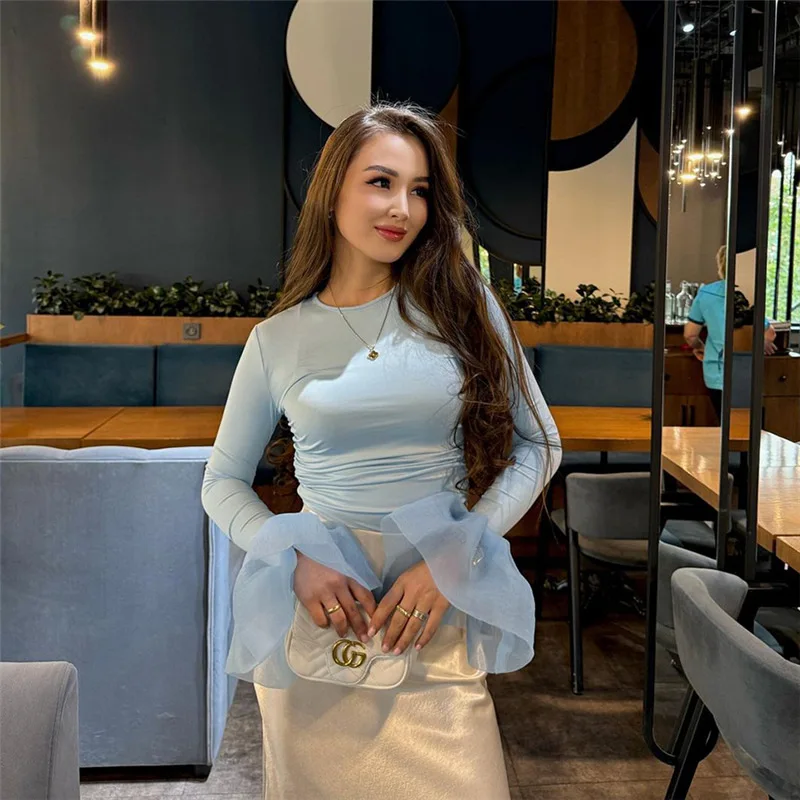 Mesh Ruffled Patchwork T-shirt Top For Women Long Sleeve High Waist Cropped Top Pullover Streetwear Female Slim Y2k Top