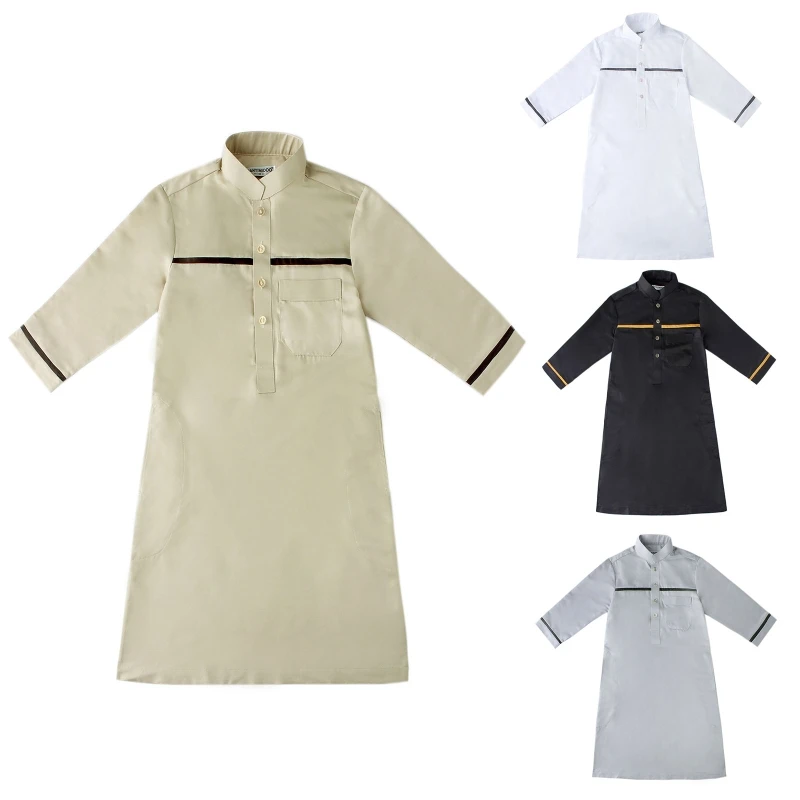 

Kid's Stand Collar Long Sleeve Saudi Arab Thobe Islamic Muslim Dubai Robe Kaftan