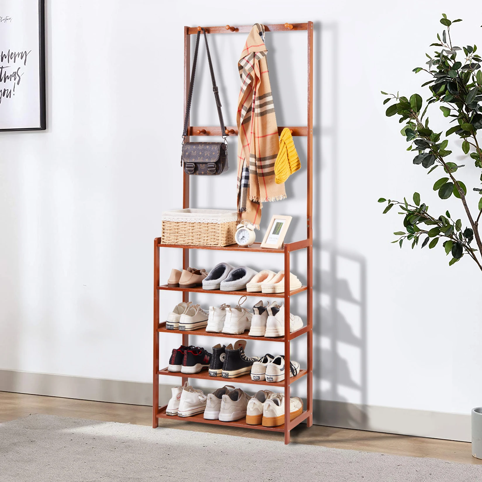 5 Tiers Bamboo Shoe Storage Rack Shoe Coat Rack Organiser with 8 Hooks