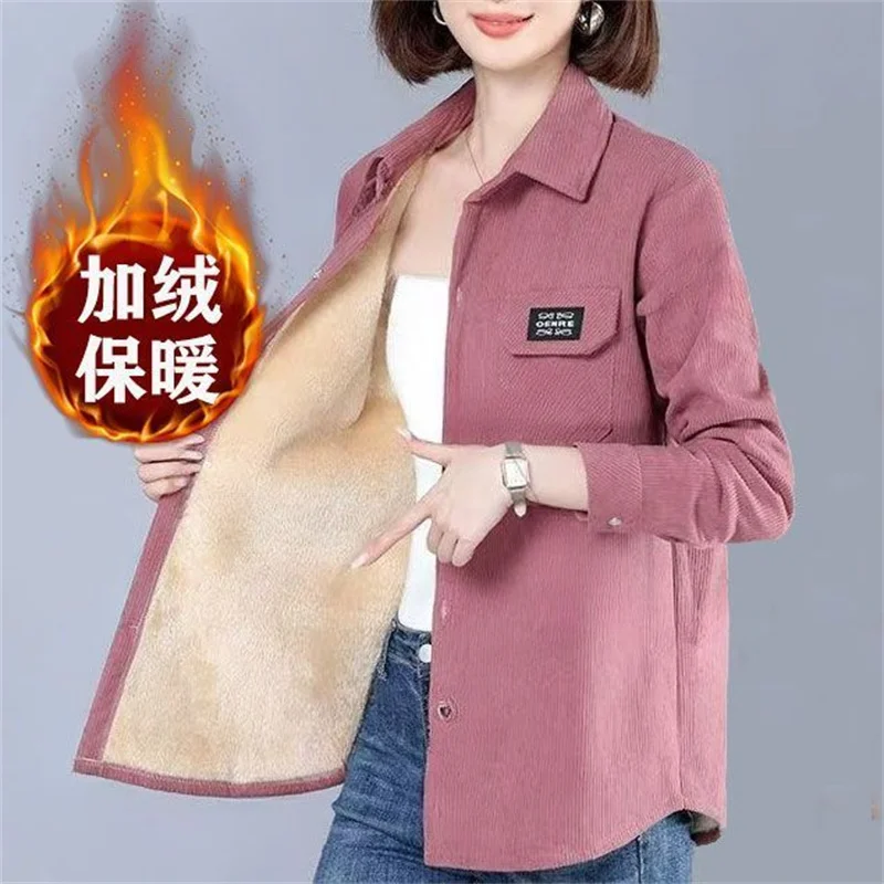Autumn And Winter New Plus Velvet Padded Soft Corduroy Shirt Women's Casual Korean Version Of The Bottoming Loose Warm Shirt Top