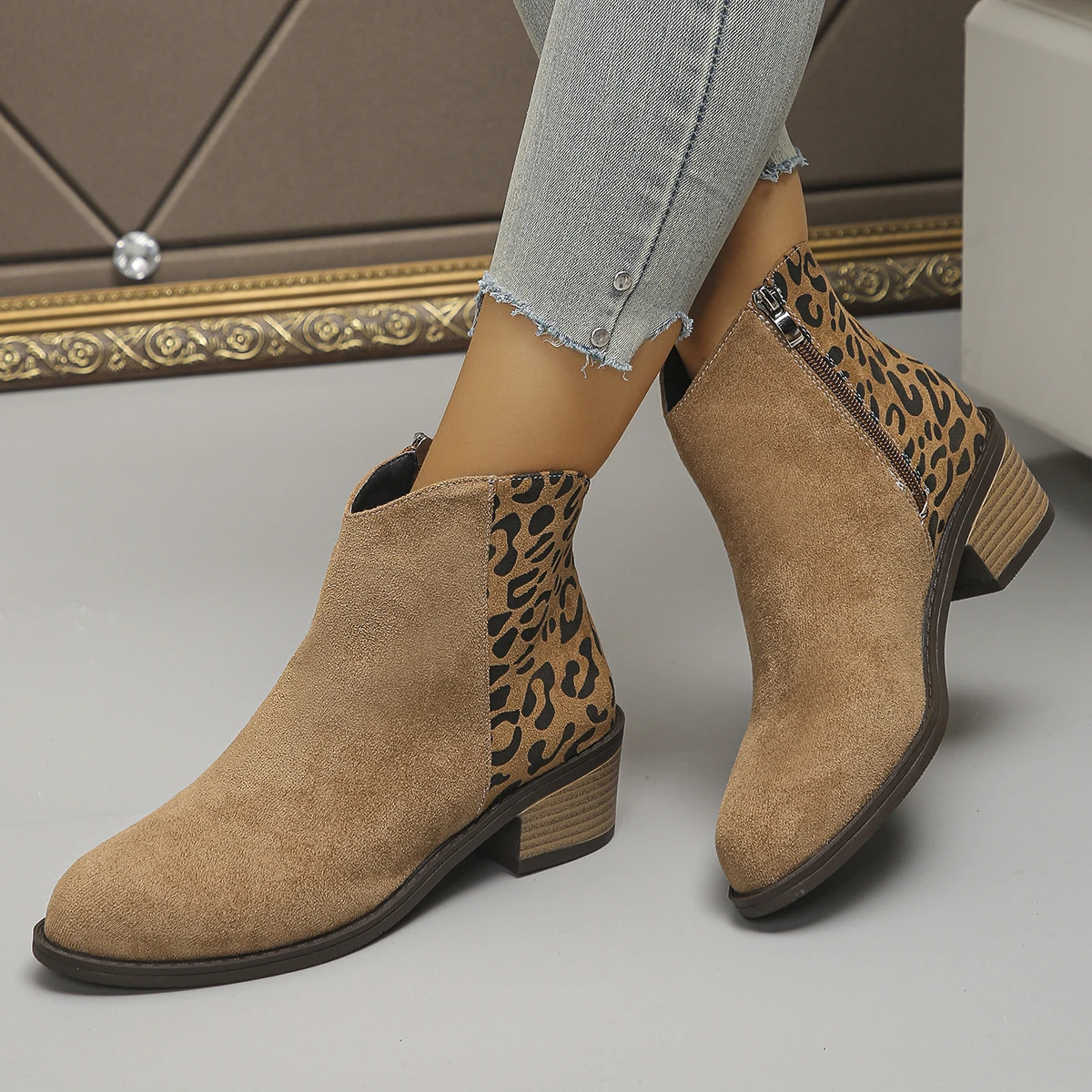 Aphixta 5cm Square Heel Lepoard Ankle Boots Pointed Toe Side Zip Women Boots Lady Footwear Women Autumn Winter Boots Size43 Shoe