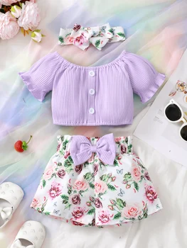 Set di tre pezzi Casual estivo per bambina di 0-2 anni con fascia superiore e Set di pantaloncini stampati 1