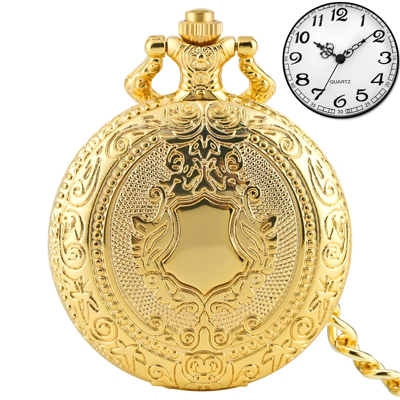 Royal Gold Shield Crown Pattern Quartz Pocket Watch Necklace - Luxury Steampunk Pendant Collectible Jewelry Gift