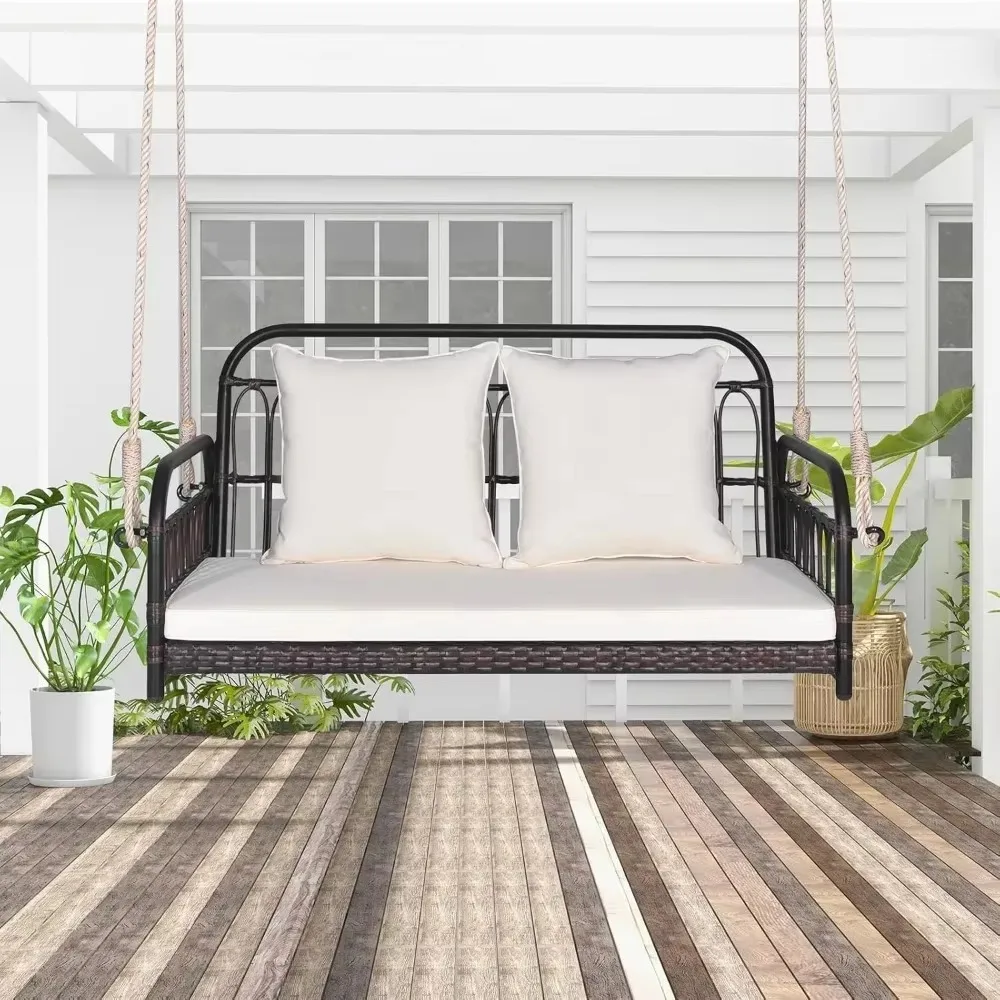 Wicker Porch Swing, 2-Person Outdoor Patio Hanging Chair with Cushions, Metal Frame, Hanging Swing Bench with Ropes 3