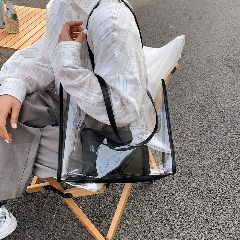 Fashion Transparent Combination Bag For Women Large Capacity Shoulder Bags Casual Girls Jelly Bag Shopper Bag Summer Beach Bag
