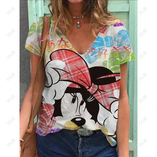 thumbnail image 1 of Camiseta holgada informal de verano con estampado de Mickey Mouse de Disney para mujer, camiseta básica con cuello en V y estampado gráfico, ropa de talla grande con estampado 3D, 1 of 5
