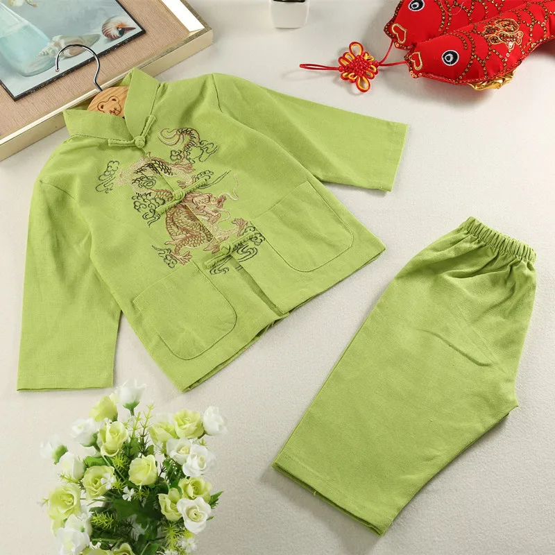 Men chinese style shirt Boy Cotton Line Tang Clothes Long Sleeve Hanfu Set Child Chinese Style Shirt&pants 2Pcs Outfit Embroider Dragon Kongfu Costume