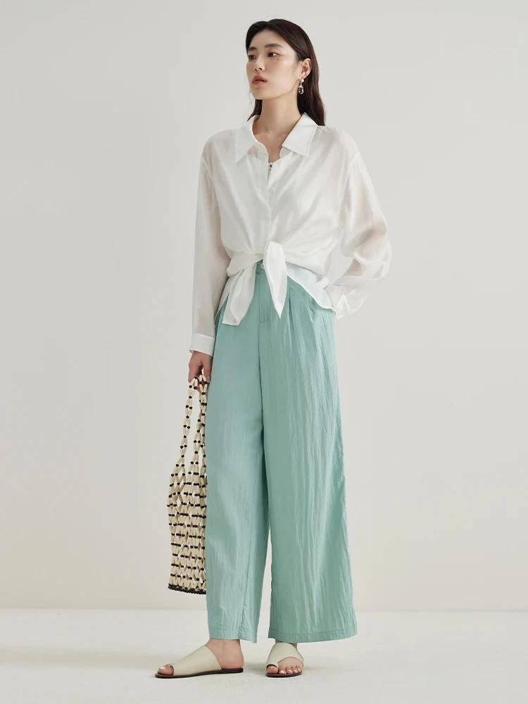 DUSHU【3 Colors】Women Summer Thin Trousers Sunpant Cool draped Long Pants Black Full Length Office Lady Elastic Waist Trouser