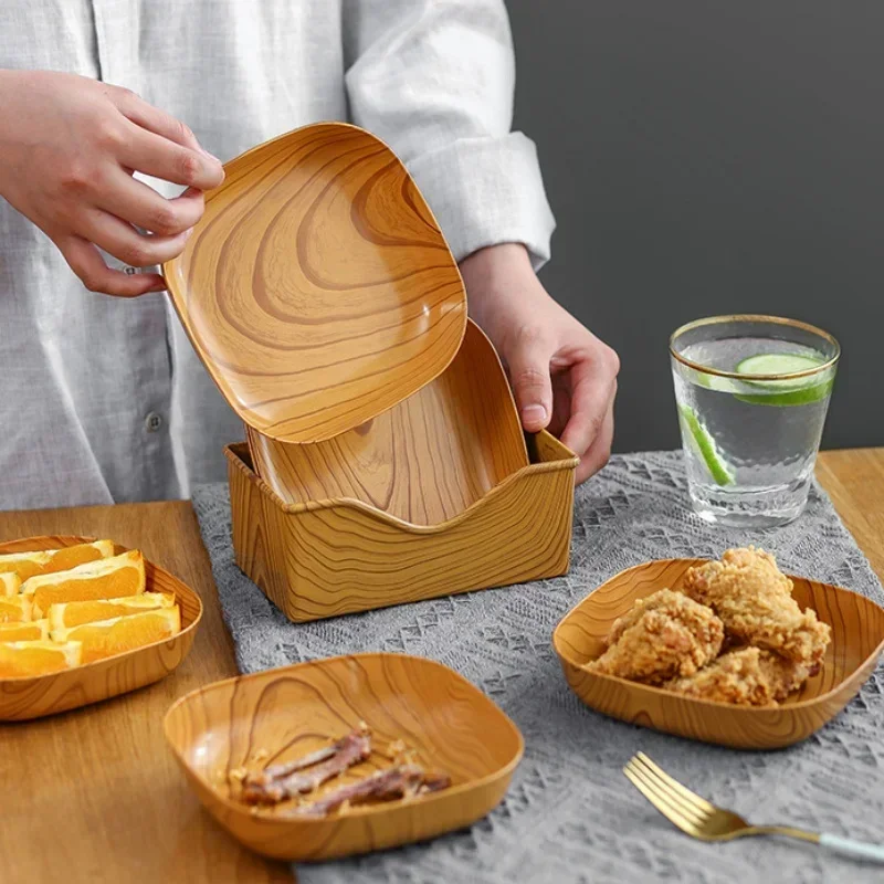 Creative Imitation Wood Grain Plastic Spit Bone Box Afternoon Tea Snack Tray Wood Grain Plate High Value Fruit Plate