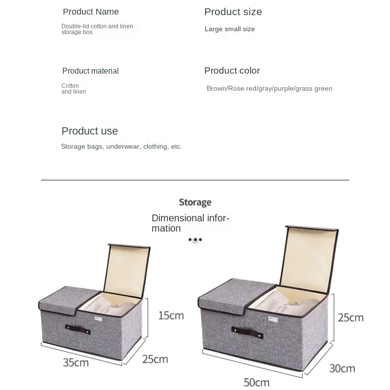 Cotton and Linen Double Lid Storage Box Foldable Large Storage Box Miscellaneous Sorting Box Covered Underwear Storage Box Bags 6