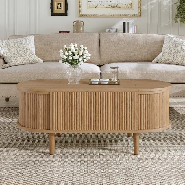 Table basse ovale réglable avec espace de rangement, style vintage, table basse de salon, table de rangement multifonctionnelle 1