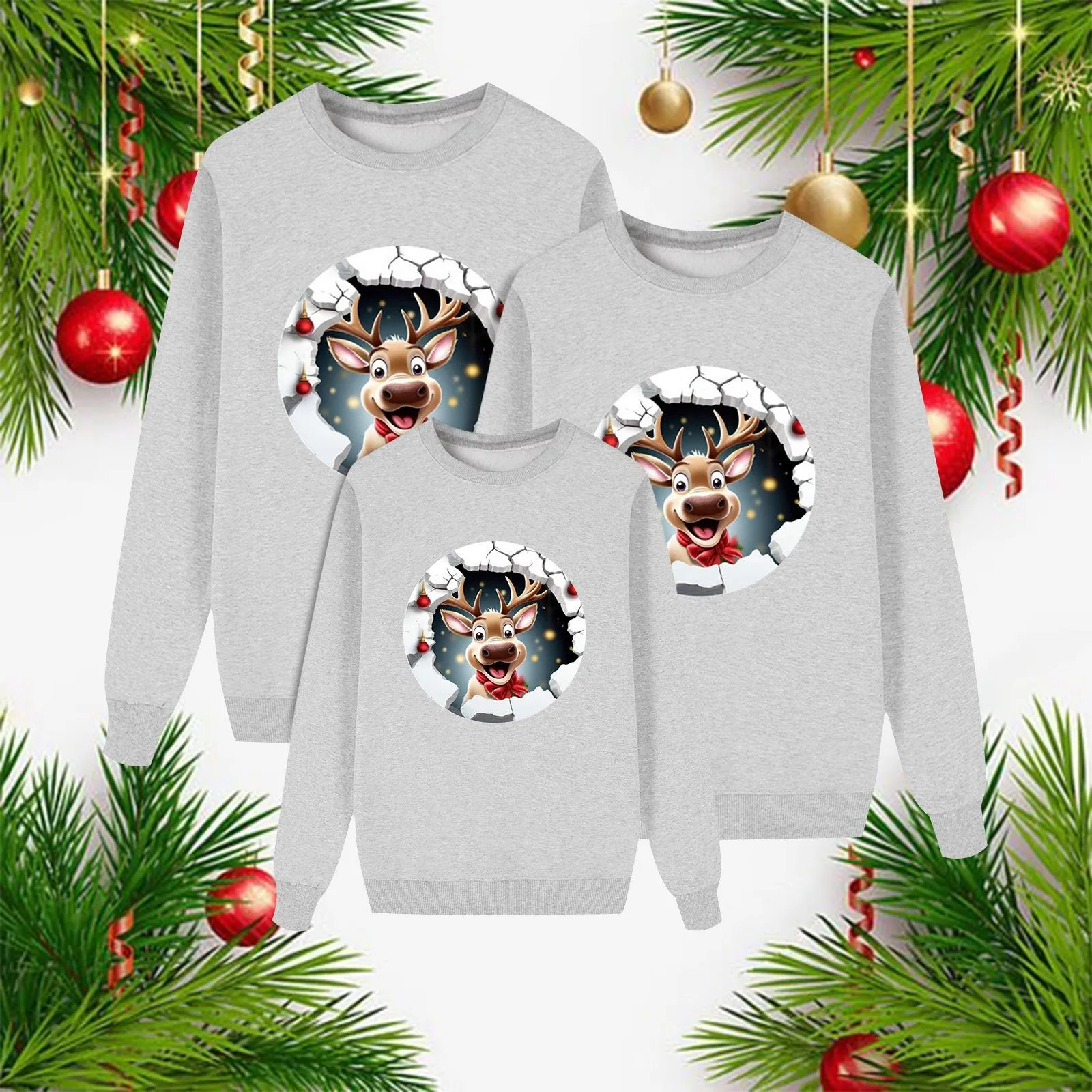 thumbnail image 5 of Suéter familiar con estampado de ciervos navideños, conjunto informal a juego con dibujos animados para toda la familia, ropa de estar en casa de color sólido, sudadera para padres e hijos, 5 of 5