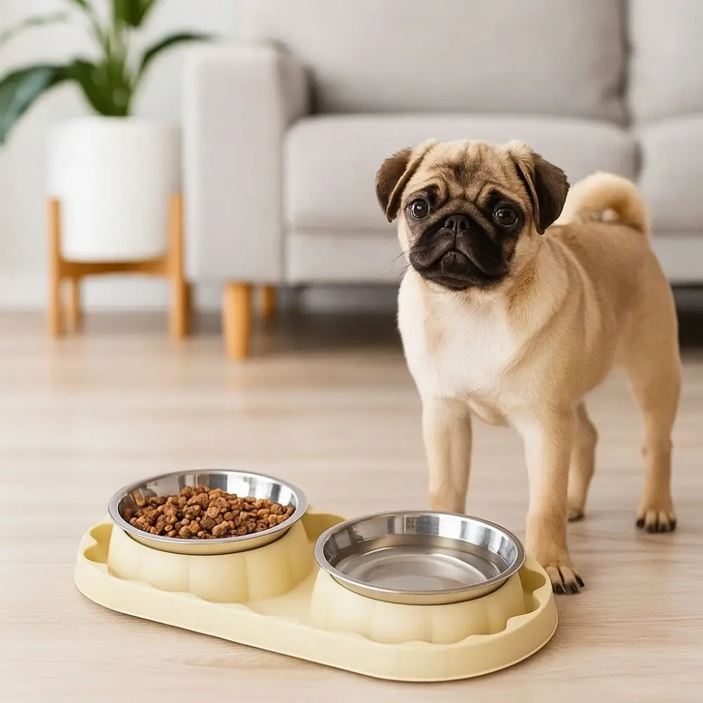 Simple Stainless Steel Double Pet Bowl Anti Topple Leakproof Pet Food Bowl Anti-slip Pet Dog Feeder Home