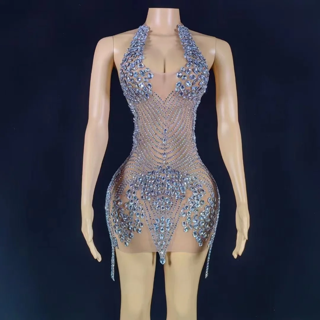 

Flashing Rhinestone Sliver Color Sexy Halter Backless Transparent Mini Dress Birthday Celebrate Costume Women Dancer Prom Outfit