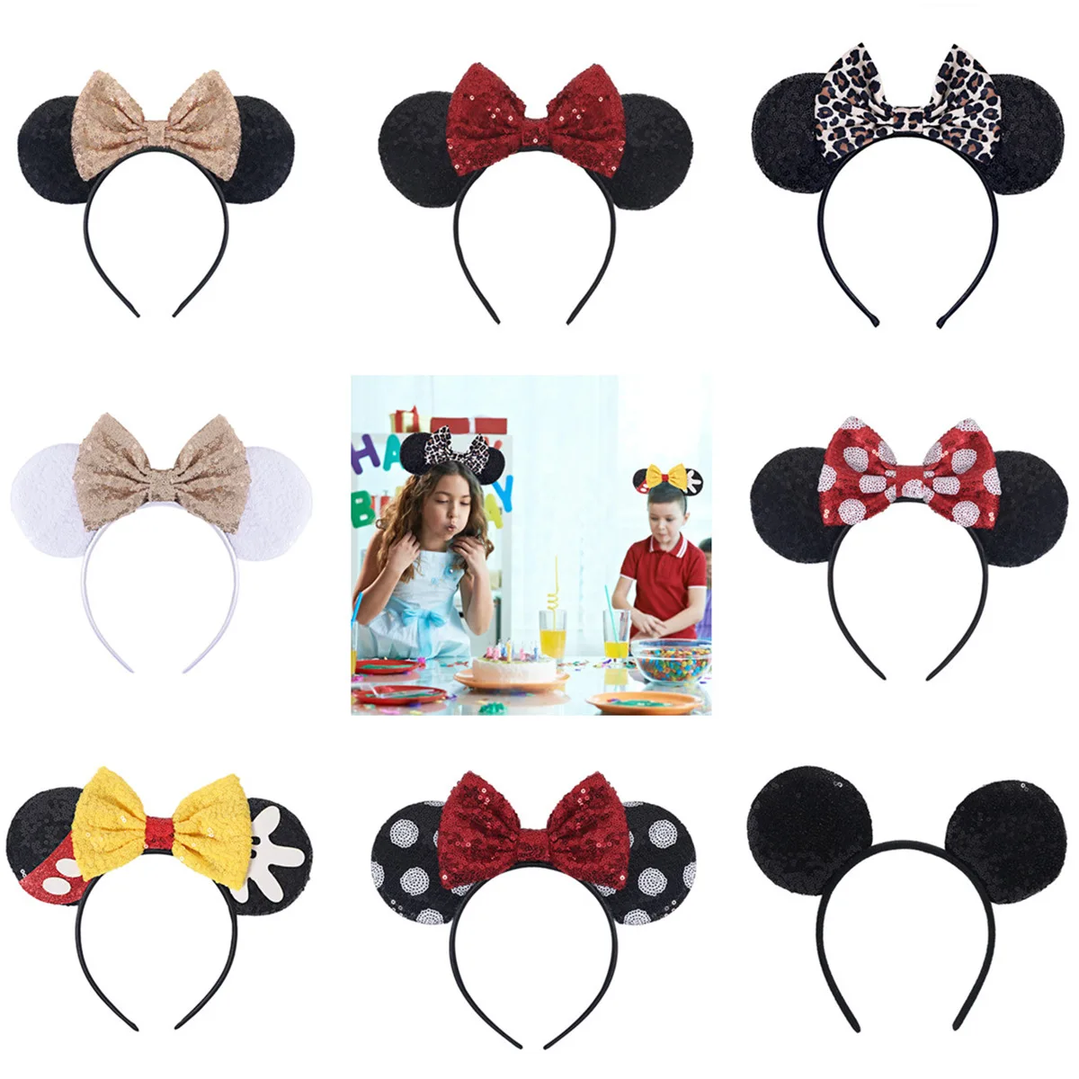 Christmas Headbands Kids Disney Classic Glitter Mickey Minnie Mouse Headband bow-knot Ears Hair Hoop Party Xmas Hair Accessories
