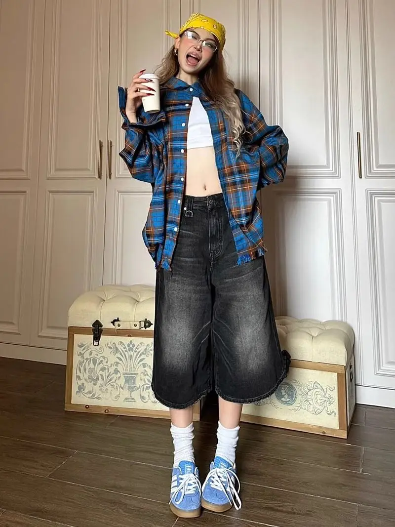 American Retro Black Jeans Style Baggy Denim Shorts Wide Leg Capri  Pants Fashion High Dark Wash Jeans Female Casual