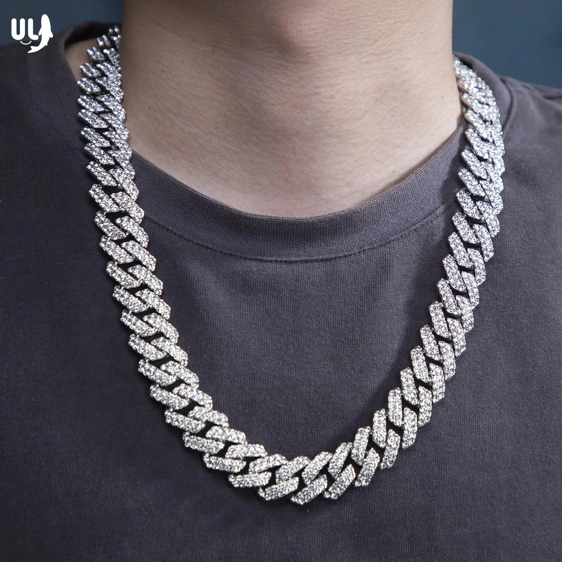 Mens Miami Cuban Link Chain Necklace Silver 12mm Diamond Prong Cuban Chain 24inch Length Hip Hop Jewely with Gift Box(Silver,24), Men's