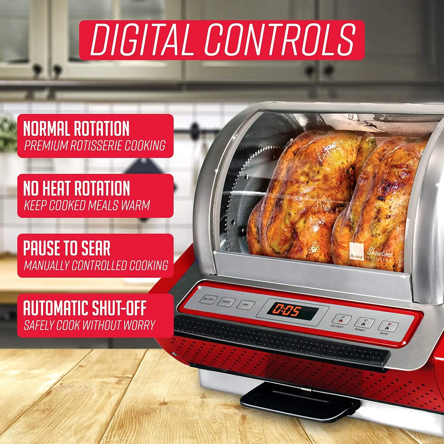 Large Capacity Rotisserie & BBQ Oven, Digital Controls, Compact Storage, Perfect Preset Rotation Speed, 5