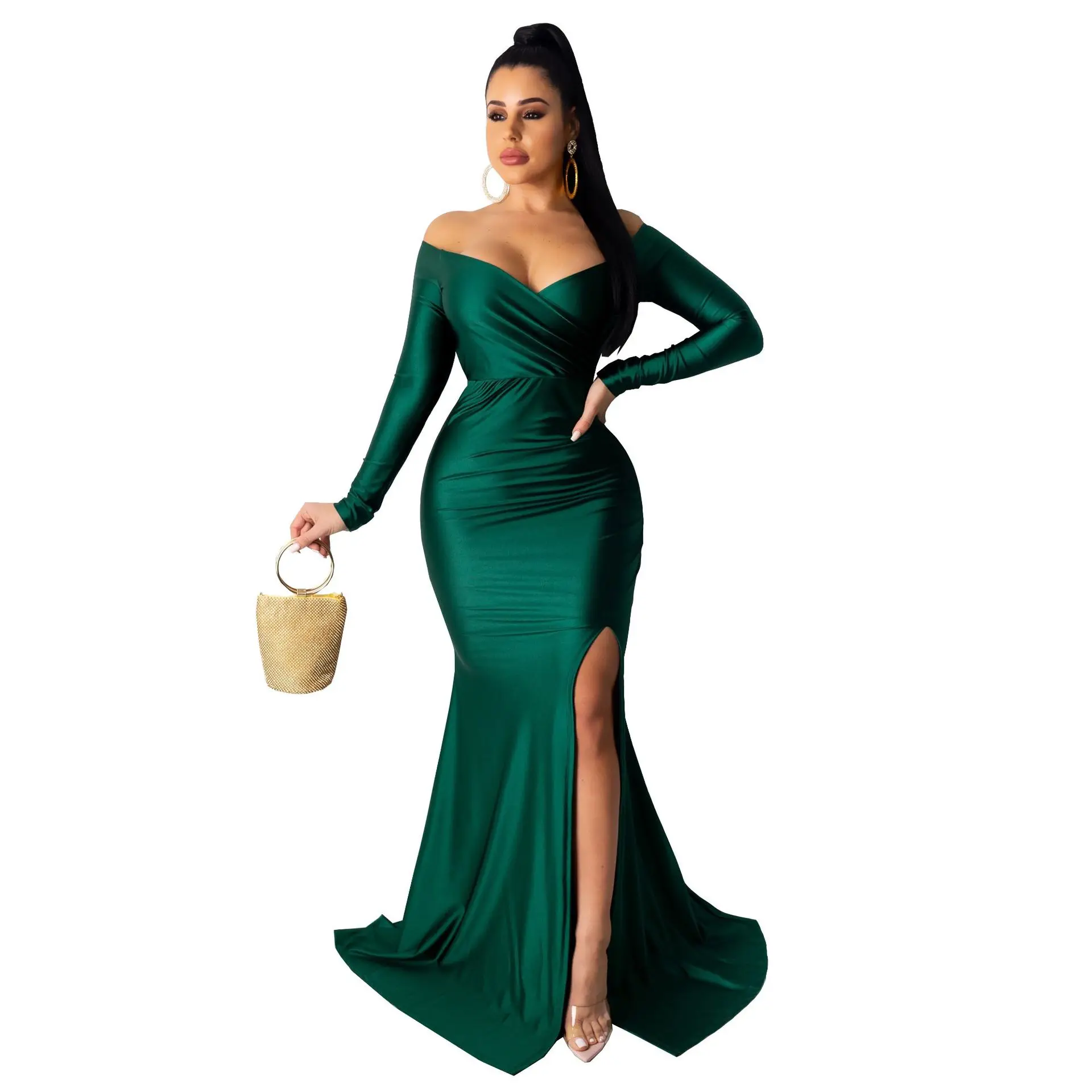 

Sexy Slash Neck Green Mermaid Dress Elegant Party Dinner Celebrate Long Maxi Robe V Neck Trumpets African Fashion